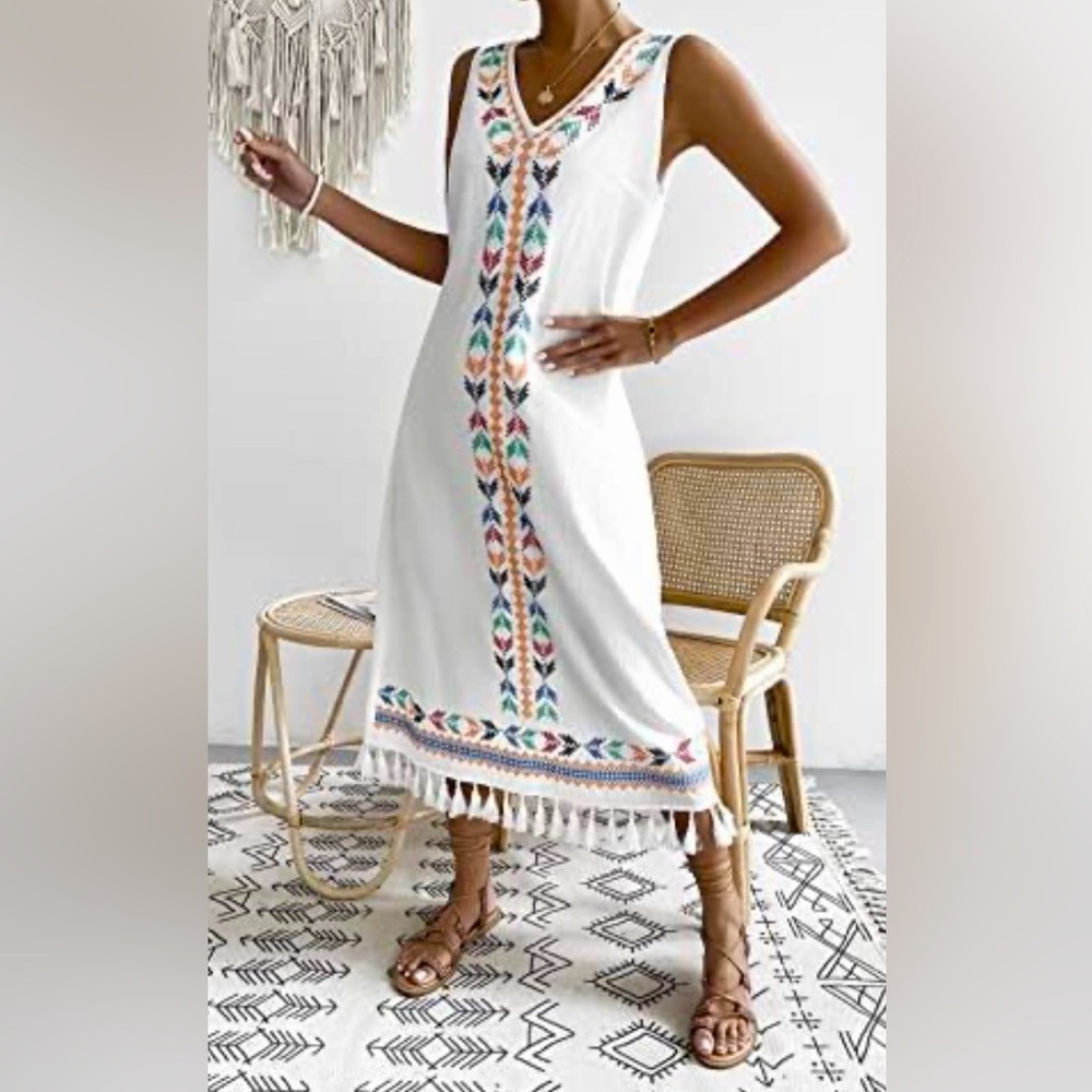 Boho Embroidered Tassel Dress